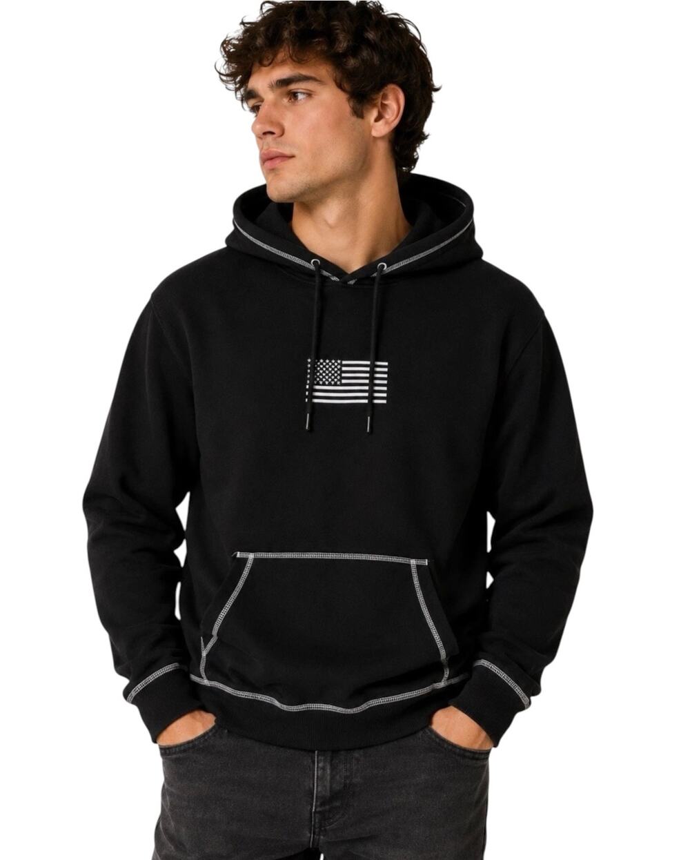 NEW Jedco Black American Flag Old #2A Contrast Stitch Pullover Hoodie Size M